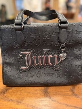 Juicy Couture Black Embossed Satchel with Pink Logo and Heart Charm